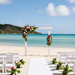 Caribbean Holidays, January Weddings, Elegant beach wedding ceremony in St Thomas with white chairs, tropical flowers and the Caribbean Sea at midday