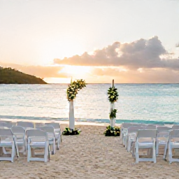 Caribbean Holidays, January Weddings, Elegant beach wedding ceremony with white chairs, simple flowers and turquoise water at sunset in the British Virgin Islands