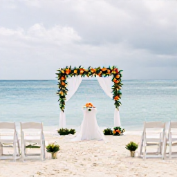 Caribbean Holidays, January Weddings, Elegant beach wedding ceremony with white chairs, tropical flowers and calm turquoise water in the background