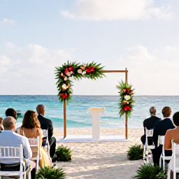 Caribbean Holidays, January Weddings, Elegant beachfront wedding ceremony in Aruba with white chairs, tropical flowers and guests looking towards the Caribbean Sea