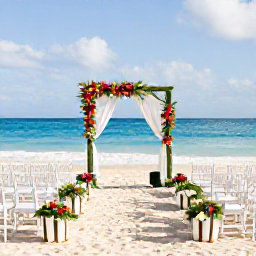 Caribbean Holidays, January Weddings, Elegant beachfront wedding ceremony in Punta Cana, Dominican Republic, with white chairs, tropical flowers and the Caribbean Sea beyond