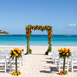 Caribbean Holidays, January Weddings, Elegant beachfront wedding ceremony in Saint Martin, white chairs, tropical flowers, Caribbean sea and clear January sky