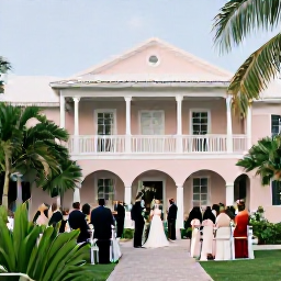 Caribbean Holidays, January Weddings, Elegant Bermuda wedding ceremony in a historic pastel building with tropical gardens and a small gathering of guests