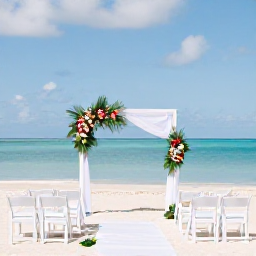 Caribbean Holidays, January Weddings, Elegant Caribbean beach wedding ceremony in January with white chairs, tropical flowers and calm turquoise water