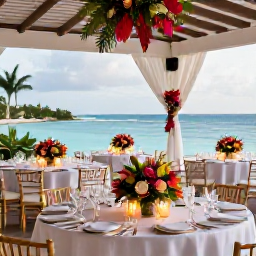 Caribbean Holidays, January Weddings, Elegant Caribbean wedding reception under a shaded terrace, with tropical flowers, candlelit tables and the sea beyond on Saint Kitts
