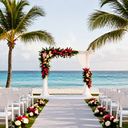Caribbean Holidays, January Weddings, Elegant outdoor wedding ceremony at a Cuban beach resort, with white chairs, tropical flowers and a calm blue sea