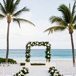Caribbean Holidays, January Weddings, Elegant outdoor wedding ceremony beside a Barbados beach, white chairs, tropical greenery and a calm blue sea
