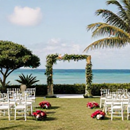 Caribbean Holidays, January Weddings, Elegant outdoor wedding ceremony in a Haitian tropical garden with simple white chairs, flowers and a sea view