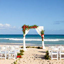 Caribbean Holidays, January Weddings, Elegant outdoor wedding ceremony on a Puerto Rican beach, white chairs, tropical flowers and ocean views under a clear blue sky