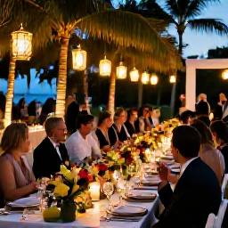 Caribbean Holidays, January Weddings, Elegant outdoor wedding reception in Puerto Rico with long dining tables, tropical flowers, lanterns, palm trees and guests enjoying a warm evening