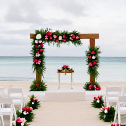 Caribbean Holidays, January Weddings, Elegant seaside wedding ceremony in Guadeloupe with white chairs, tropical flowers and a calm Caribbean sea