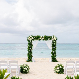 Caribbean Holidays, January Weddings, Elegant seaside wedding ceremony on a sandy Cayman Islands beach, white chairs, tropical greenery and calm blue water