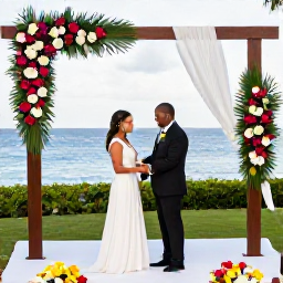 Caribbean Holidays, January Weddings, Friendly Saint Lucia wedding planner helping a couple review ceremony details at a tropical resort, with flowers and sea view