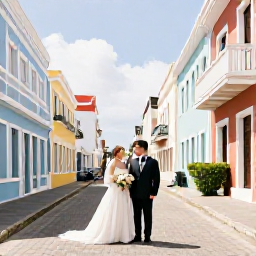 Caribbean Holidays, January Weddings, Happy wedding couple exploring colourful Willemstad streets in Cura&ccedil;ao after their ceremony, pastel buildings and tropical sunshine