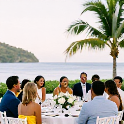 Caribbean Holidays, January Weddings, Happy wedding guests enjoying a relaxed Caribbean reception in Saint Lucia, with elegant tropical table decorations and ocean views
