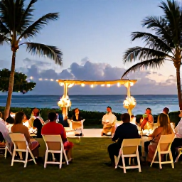 Caribbean Holidays, January Weddings, Happy wedding guests enjoying a relaxed outdoor reception at a Cayman Islands resort, tropical evening light and ocean view