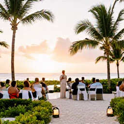Caribbean Holidays, January Weddings, Happy wedding guests enjoying a relaxed outdoor reception at a Dominican Republic beach resort, with tropical greenery, lanterns and sunset light