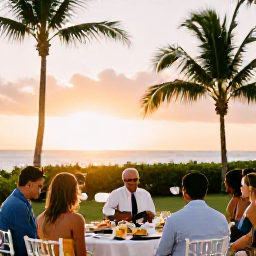 Caribbean Holidays, January Weddings, Happy wedding guests enjoying a relaxed outdoor reception with Caribbean food, music and palm trees at sunset