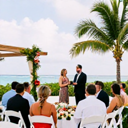 Caribbean Holidays, January Weddings, Happy wedding guests enjoying a relaxed outdoor reception with tropical flowers and Caribbean views in January