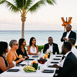 Caribbean Holidays, January Weddings, Happy wedding guests enjoying an outdoor Caribbean reception with tropical food, simple decorations and sea views in January