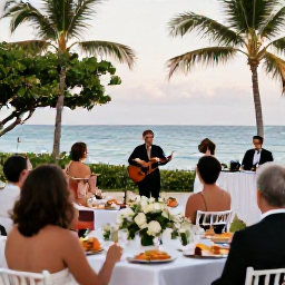 Caribbean Holidays, January Weddings, Happy wedding guests enjoying an outdoor reception with tropical food and music at a Dominican Republic resort
