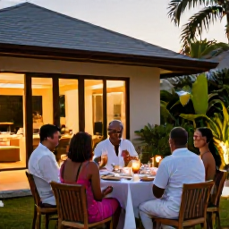 Caribbean Holidays, January Weddings, Happy wedding guests sharing a relaxed outdoor meal at a Guadeloupe villa, with tropical plants and warm evening light