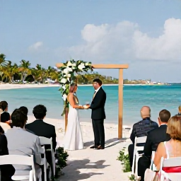 Caribbean Holidays, January Weddings, Intimate beach wedding ceremony on a white sandy beach in Sint Maarten, turquoise water and palm trees in the background