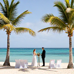 Caribbean Holidays, January Weddings, Intimate seaside wedding ceremony on a sandy Cura&ccedil;ao beach with palms, simple white chairs and clear blue water