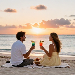 Caribbean Holidays, January Weddings, Newly married couple enjoying a sunset beach picnic in Turks and Caicos, with tropical drinks and a relaxed island setting