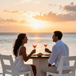 Caribbean Holidays, January Weddings, Newly married couple enjoying a sunset cocktail beside the sea in Antigua, with warm golden light and a relaxed beach reception