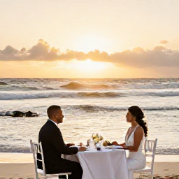 Caribbean Holidays, January Weddings, Newly married couple enjoying a sunset dinner by the Caribbean Sea, with gentle waves, warm evening light and elegant table settings