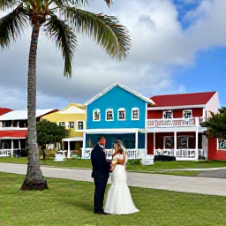Caribbean Holidays, January Weddings, Newly married couple exploring a colourful Caribbean town after their January wedding, palm trees and island architecture