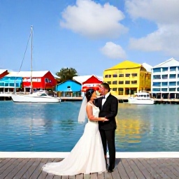 Caribbean Holidays, January Weddings, Newly married couple exploring a colourful marina and waterfront in Sint Maarten, bright Caribbean buildings and boats in the background