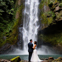 Caribbean Holidays, January Weddings, Newly married couple exploring a tropical waterfall and lush rainforest in Trinidad and Tobago after their wedding