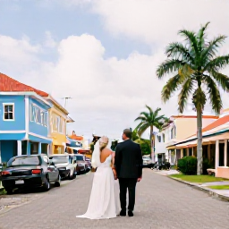 Caribbean Holidays, January Weddings, Newly married couple exploring Bridgetown, Barbados, with colourful buildings, palm trees and a lively but relaxed Caribbean atmosphere