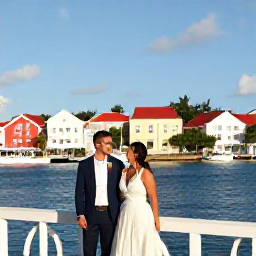 Caribbean Holidays, January Weddings, Newly married couple exploring Charlotte Amalie waterfront in St Thomas, with colourful buildings, boats and bright Caribbean sunshine