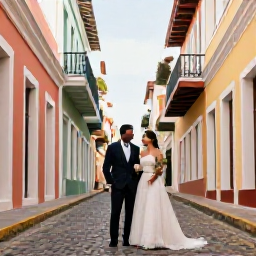 Caribbean Holidays, January Weddings, Newly married couple exploring Old San Juan after their January wedding, colourful colonial buildings, cobbled street and warm Caribbean sunlight