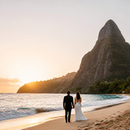 Caribbean Holidays, January Weddings, Newly married couple walking along a peaceful Saint Lucia beach at sunset, with tropical coastline and warm evening light