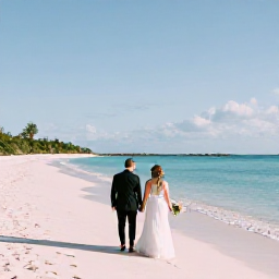 Caribbean Holidays, January Weddings, Newly married couple walking along a quiet pink-sand beach in Bermuda in January, soft winter sunshine and turquoise water