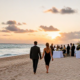 Caribbean Holidays, January Weddings, Newly married couple walking along a sandy Cuban beach at sunset while guests enjoy a relaxed reception nearby