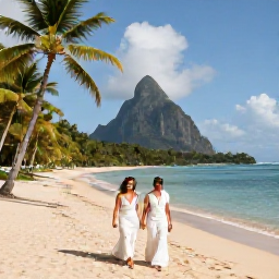 Caribbean Holidays, January Weddings, Newly married couple walking along a sunny Saint Lucia beach in January, with palm trees, calm turquoise sea and the Pitons in the distance