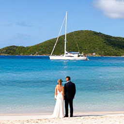 Caribbean Holidays, January Weddings, Newlywed couple sailing past green islands and bright blue water in the British Virgin Islands after their January wedding