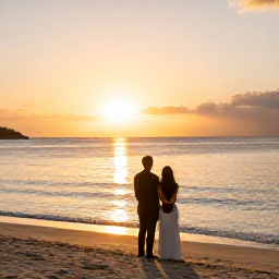 Caribbean Holidays, January Weddings, Newlywed couple watching a Caribbean sunset from a quiet beach in Saint Martin, warm golden light and calm sea