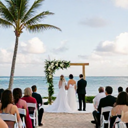 Caribbean Holidays, January Weddings, Newlyweds and guests enjoying a sunny Puerto Rican beach wedding in January, with palm trees, calm turquoise sea and elegant tropical ceremony d&eacute;cor