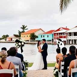 Caribbean Holidays, January Weddings, Newlyweds and guests exploring a colourful Dominican Republic town after a January beach wedding