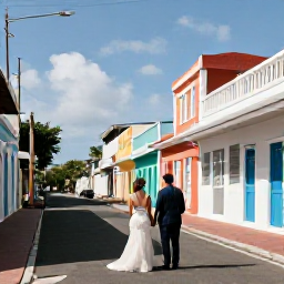 Caribbean Holidays, January Weddings, Newlyweds exploring a colourful Bridgetown street in Barbados after their wedding, with historic buildings, sunshine and relaxed island life
