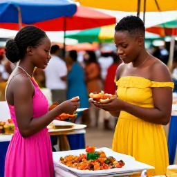 Caribbean Holidays, January Weddings, Newlyweds exploring a colourful Trinidad and Tobago market and enjoying local Caribbean food after their wedding