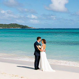 Caribbean Holidays, January Weddings, Newlyweds standing on a quiet white-sand beach in St Thomas, United States Virgin Islands, with turquoise water and gentle January sunshine
