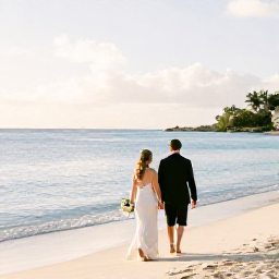 Caribbean Holidays, January Weddings, Newlyweds walking along a bright Caribbean beach in Saint Martin in January, with calm turquoise water and soft morning sunlight