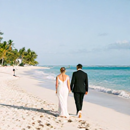Caribbean Holidays, January Weddings, Newlyweds walking along a bright Caribbean beach in Trinidad and Tobago during a warm January afternoon